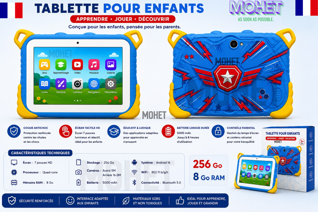 TABLETTE ÉDUCATIVE ÉCRAN BLINDÉ – 8GB RAM | 256GB | VERSION FRANÇAISE 🇫🇷